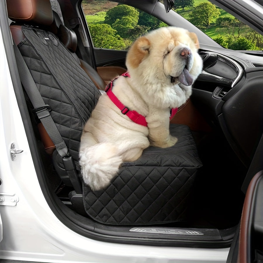 Waterproof fabric dog seat cover with seat belt tether, quilted design, and non-slip bottom. Durable protector for cars, trucks, and SUVs with universal fit and four zipper access.