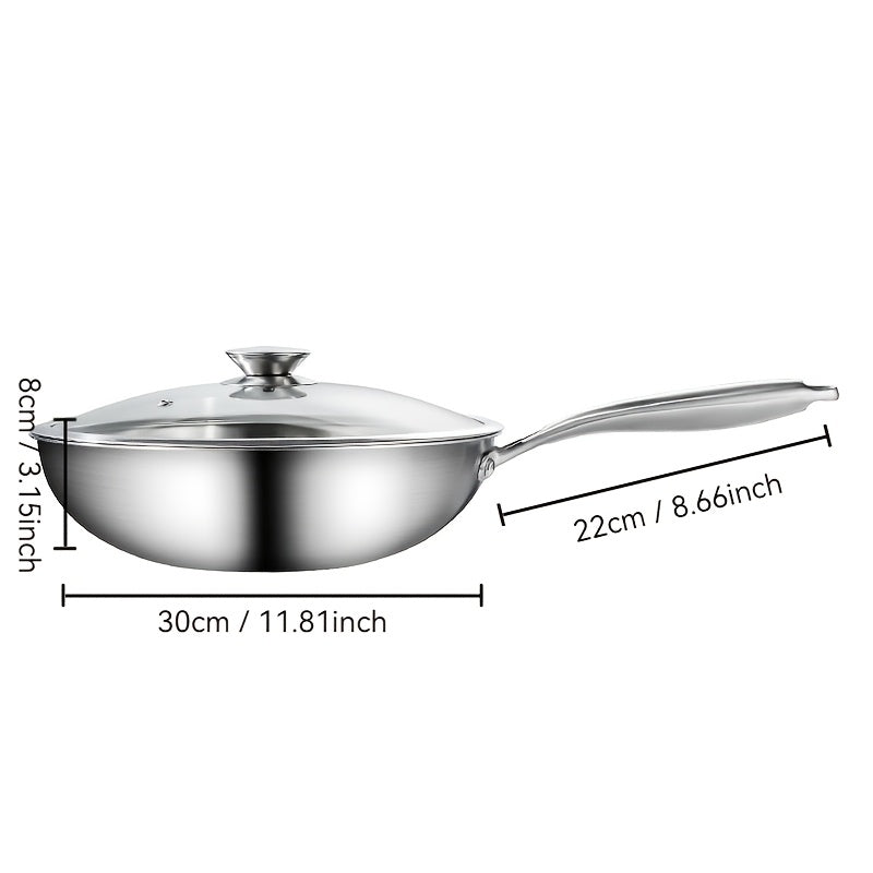 1 piece of 12-inch stainless steel skillet with lid, induction compatible, extended handle, and uncoated cookware for versatile cooking.