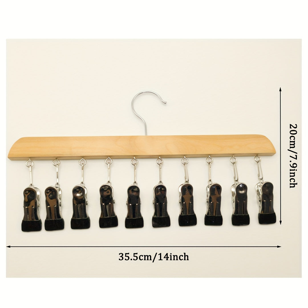 Wooden hat hanger with multiple clips for efficient drying and organizing of hats, underwear, ties, and scarves. Ideal for bedroom, closet, and wardrobe storage. Made of durable wood material, suitable for hanging clothes.