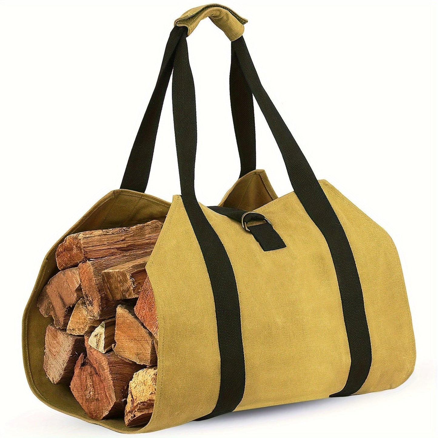 Canvas log tote with handles for carrying firewood, sturdy polystyrene wood holder, essential fireplace accessory for outdoor camping and trips.