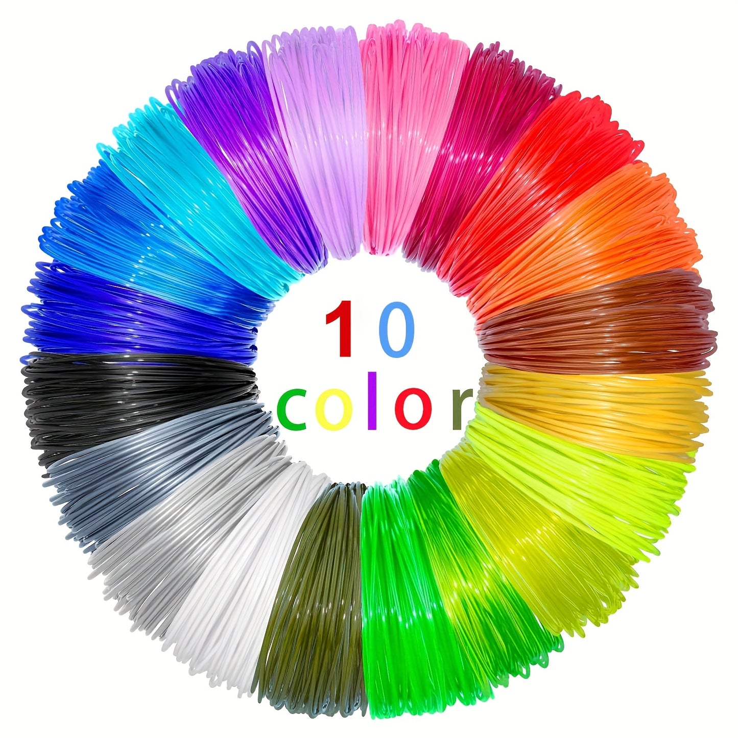 40 pack of 1.75mm diameter PLA filament for 3D pen, total length 4724.5 inches in random colors. Made of plastic, no battery needed.