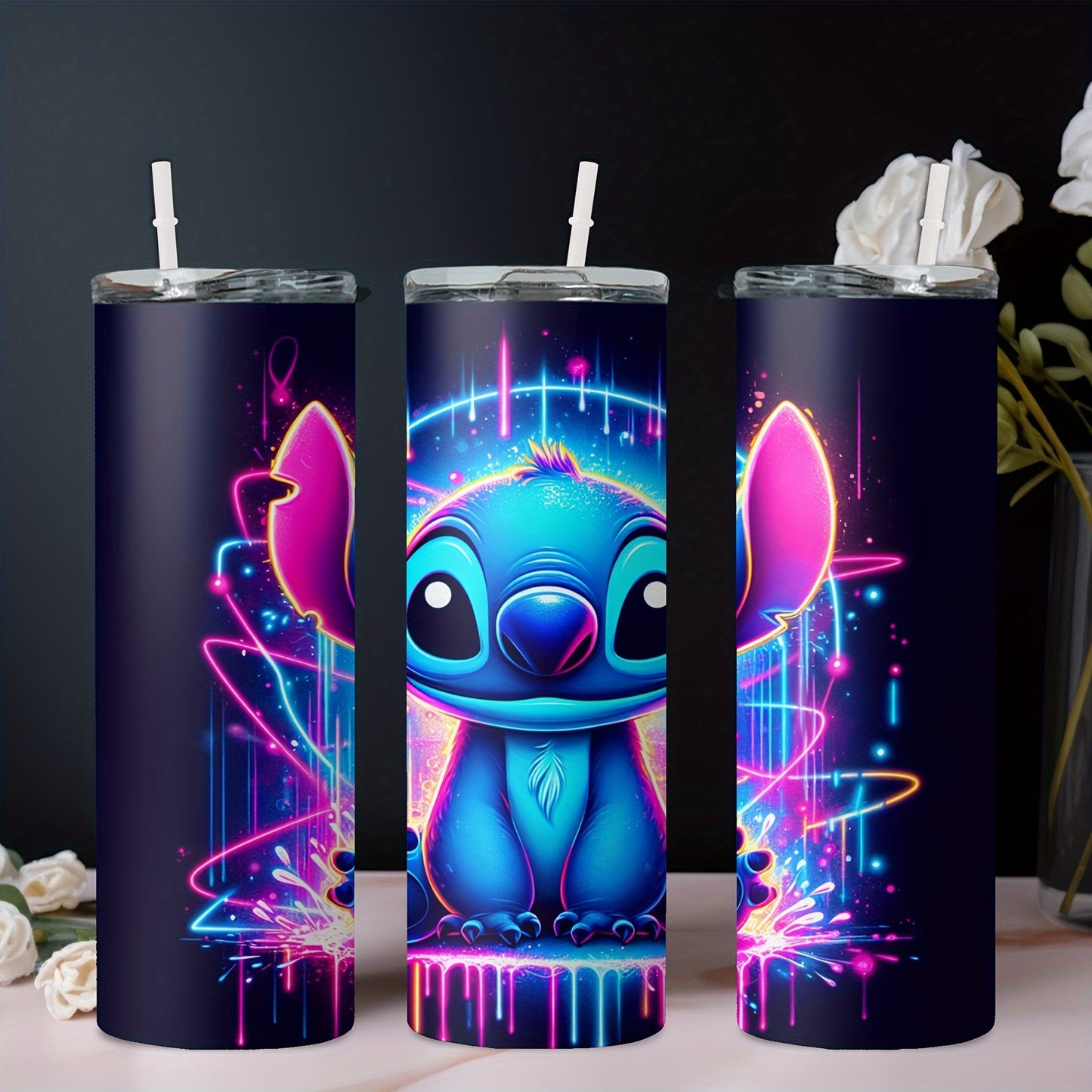 20oz stainless steel water bottle with cartoon character design, insulates hot and cold beverages, includes straw for drinking.