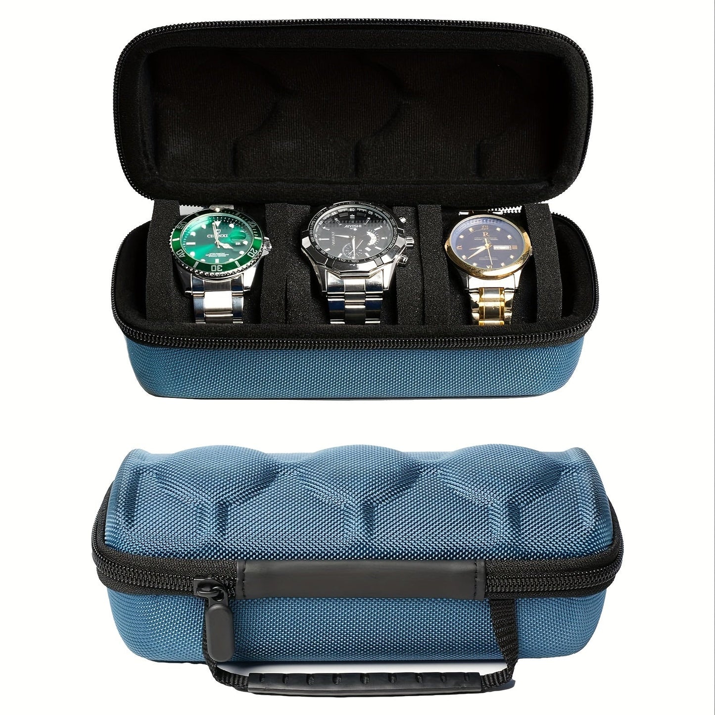 Perfect for gift-giving, this sleek black fabric watch travel case features 3 slots, a watch roll case storage, and organizer for men and women. Complete with anti-move watch pillow, it ensures your timepieces are safe and secure while on the go. An