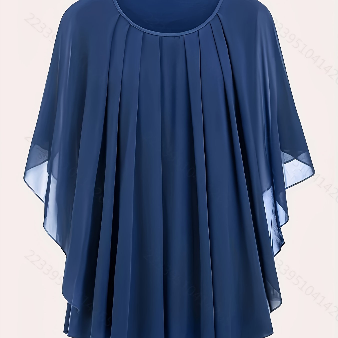 Solid pleated top with crew neck and batwing sleeves, perfect for spring and summer in plus sizes.