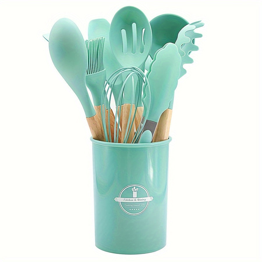 Set of 11/12 pieces Kitchenware with Wooden Handles, including Silicone Non-stick Pot, Cooking Shovel, Spoon, Storage Bucket, and Non-stick Shovel. An essential collection of high-quality kitchen utensils and items.