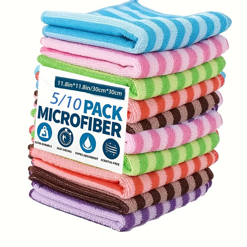 5/10 Microfiber Dish Towels with Striped Print, Scouring Pads and Cleaning Cloths. Absorbent, Easy to Wash. Random Colors. Ideal for Kitchen Cleaning.