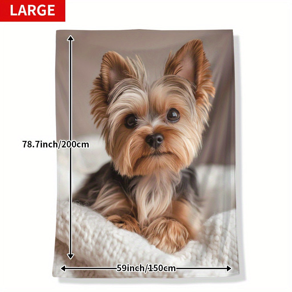 Soft and warm Yorkshire Terrier pattern flannel throw blanket. This quilted, knit polyester blanket features a digital print and is suitable for all-season use. Perfect for napping, camping, travel, and can be used as a decorative piece in your home or