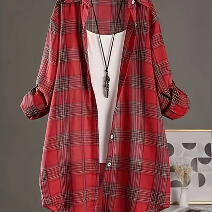 Plus size plaid shirt for women with lapel collar, long sleeves, and dipped hem. Made from 100% polyester with non-stretch woven fabric. Suitable for casual weekend wear in spring.