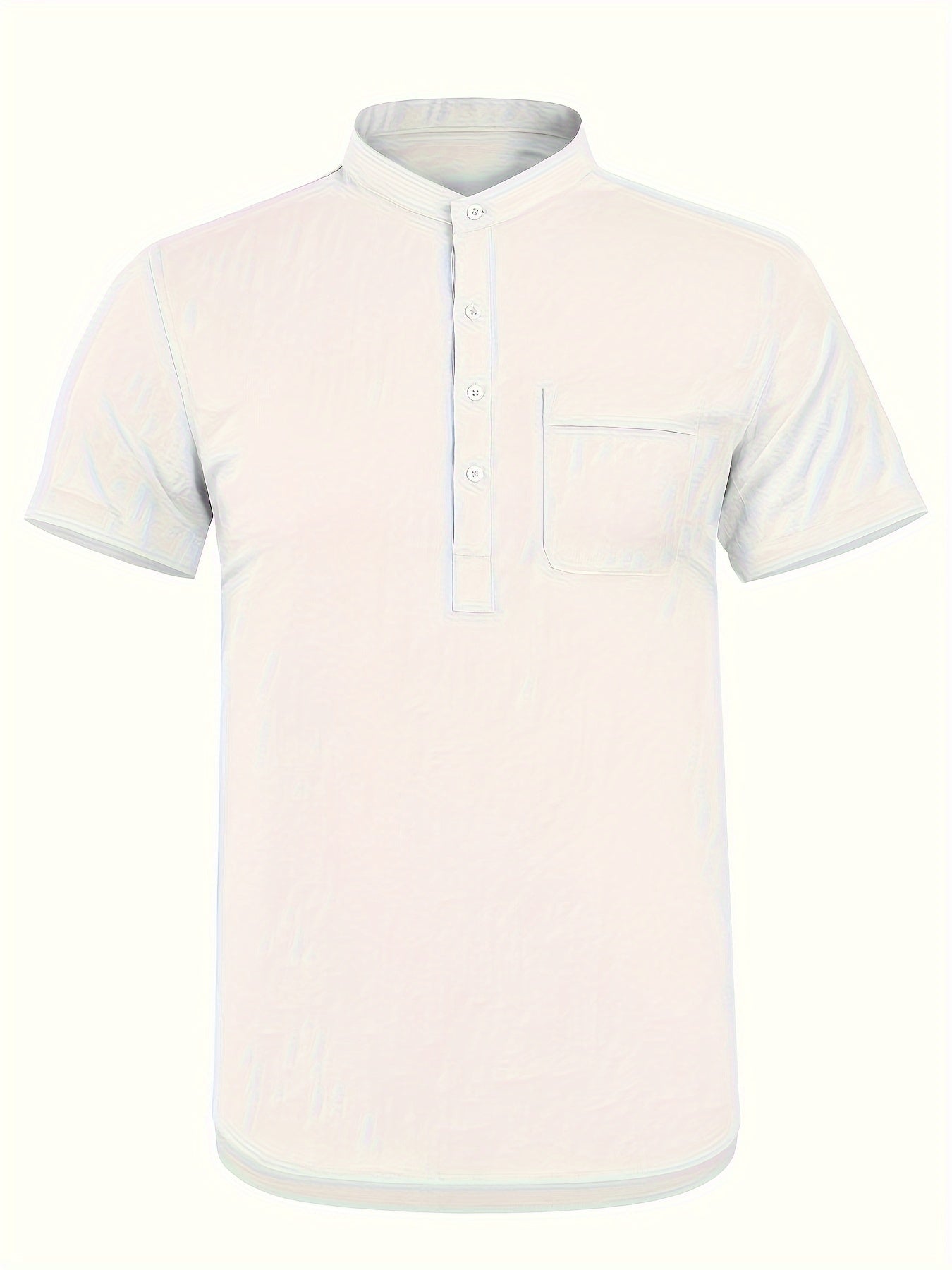 Men's loose fit cotton short sleeve shirt with stand collar and pocket, perfect for summer beach vacation.