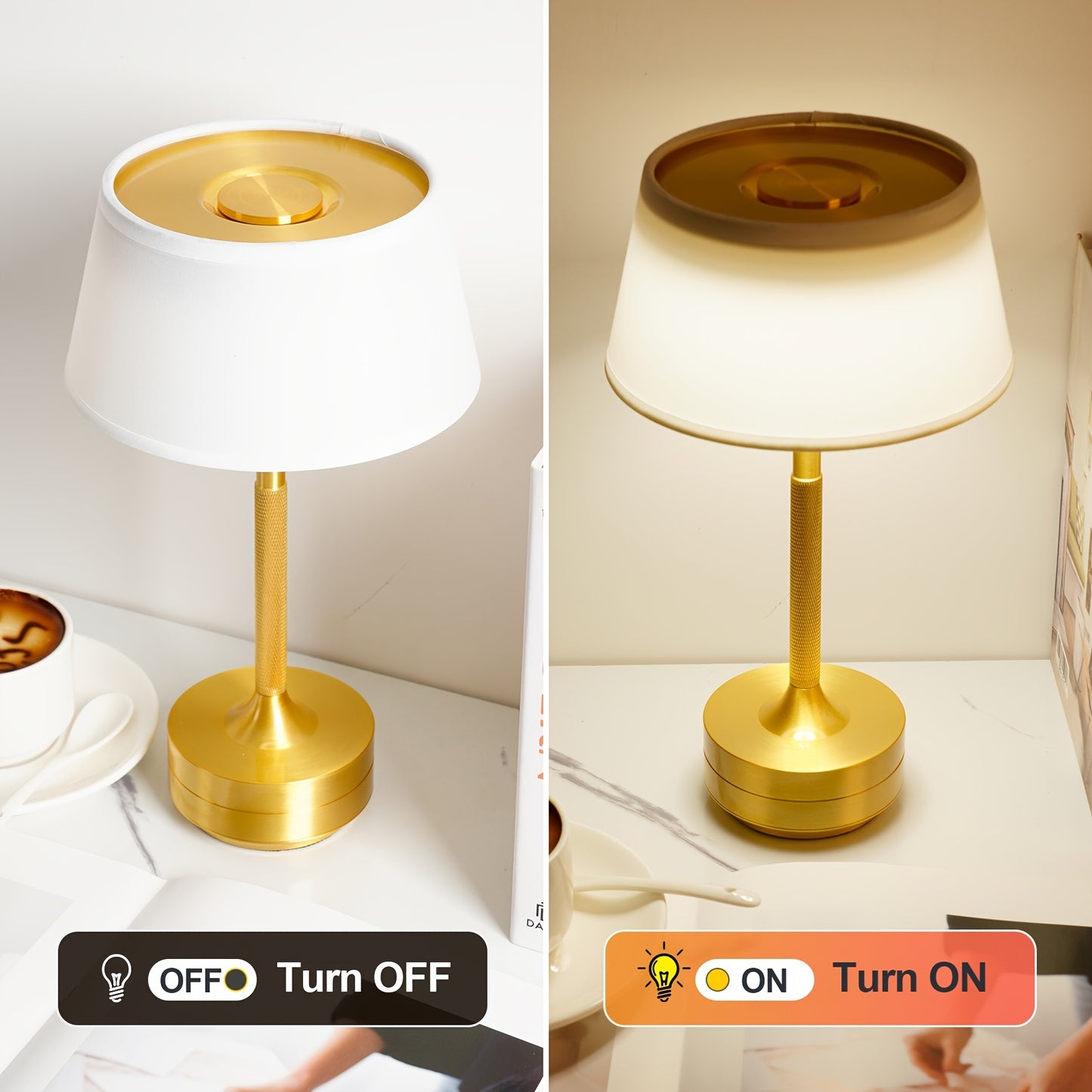 USB Rechargeable Table Lamp with Metal Material, Touch Control, 3 Color Temperatures, Stepless Dimming, and Removable Art Lampshade, suitable for various settings.