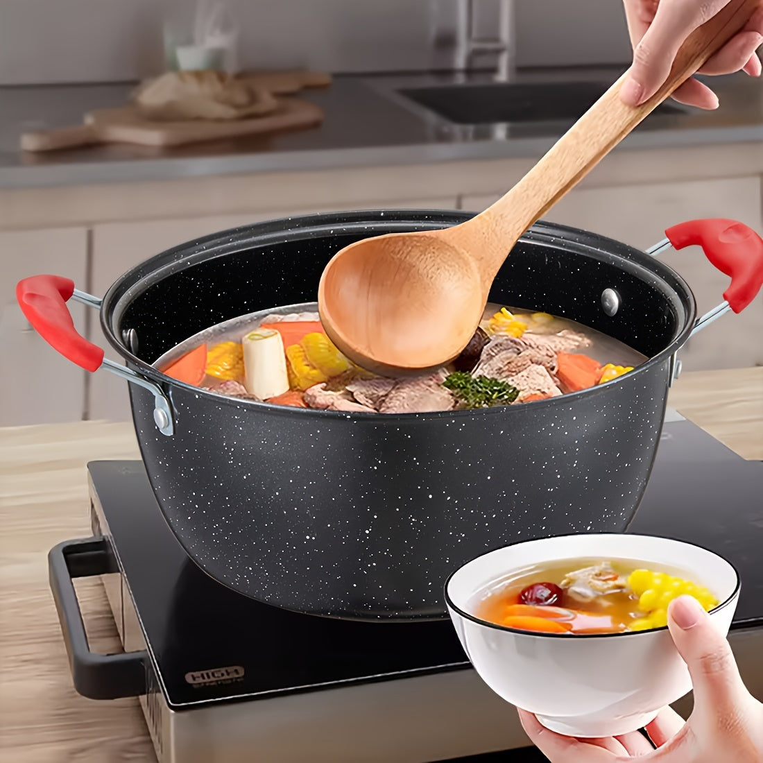 Multi-functional soup pot with a non-stick coating and matching lid, ideal for cooking stews, hot pots, and noodles. Can be used on gas and induction stoves. Features a timeless red and black design.