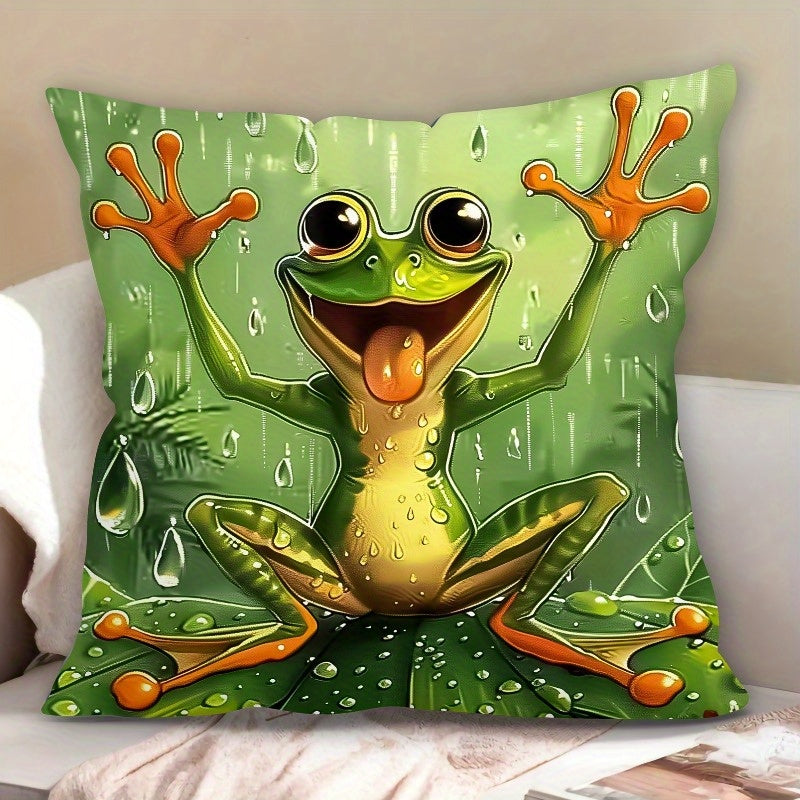 Decorate your home, office, or party with this 45.72x45.72 cm Modern Abstract Frog in Rain Design Throw Pillow Cover. Made of soft, machine washable polyester with a convenient zipper closure, this frog pillow is comfortable and suitable for various