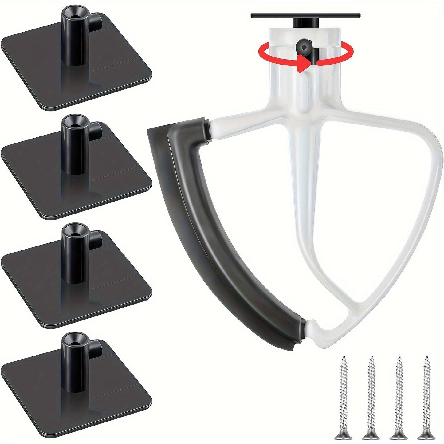 Keep all your stand mixer accessories organized with this set of 4 Pack Mixer Attachment Holders. Compatible with all stand mixer accessories, these storage organizer hooks are perfect for holding your flat beater, wire whip, and dough hook. Easy to