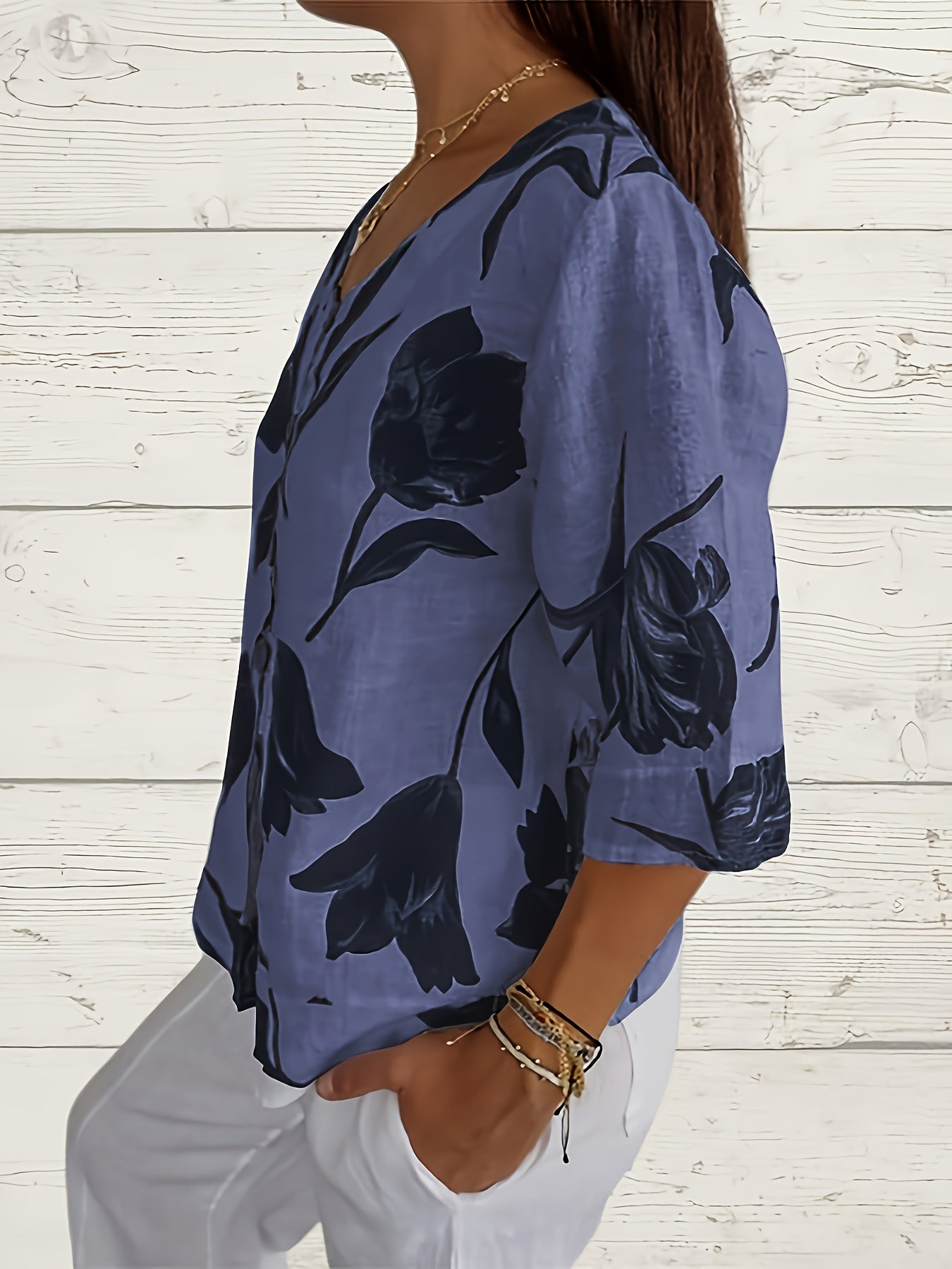 Print Plus Size Floral V-Neck Blouse with Button Detail - Casual Half Sleeve, Non-Stretch Polyester Blend for Women.