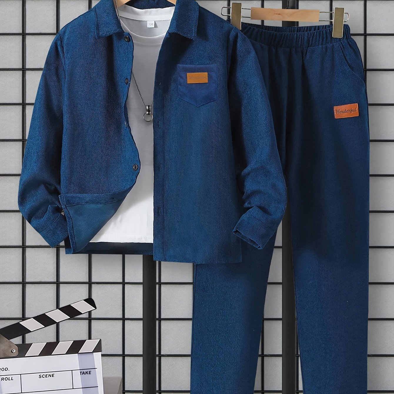 Boys' Casual Denim Outfit Set with Long Sleeve Jacket and Elastic Waist Pants, Comfortable Polyester, machine washable, Perfect for Outdoors.