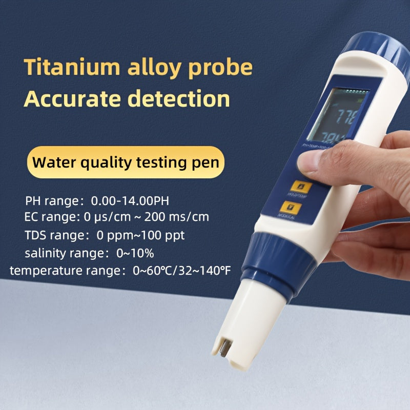 5-in-1 Water Quality Testing Pen with pH range 0-14pH. Large colorful screen. Measures pH/TDS/EC/Temp/Salinity. Battery operated. Non-rechargeable button batteries <20mm. Industrial