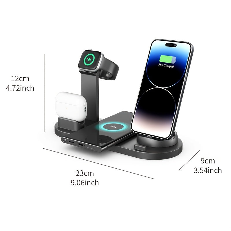 Wireless charger with fast charging for iPhone, Samsung, and Android series, also compatible with AirPods and iPhone Watch.