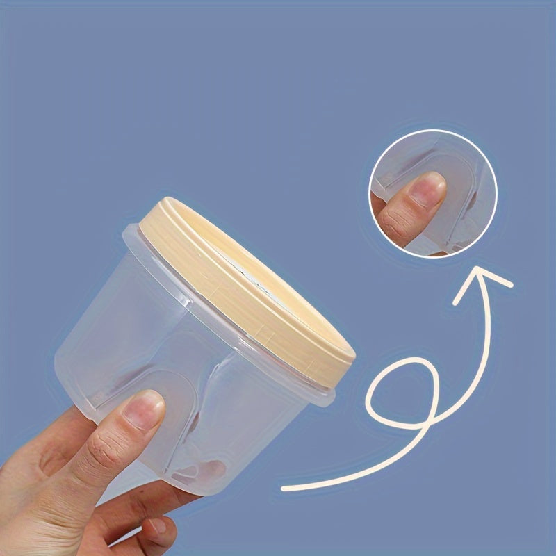 Five pieces of round plastic containers with reusable lids, ideal for storing food, snacks, and lunch. These small freezer storage jars come with screw lids and are microwave safe.