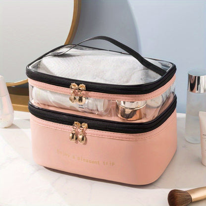 Stylish and practical travel makeup bag with double layers, made of waterproof PU material, featuring a transparent wash bag and large storage capacity.