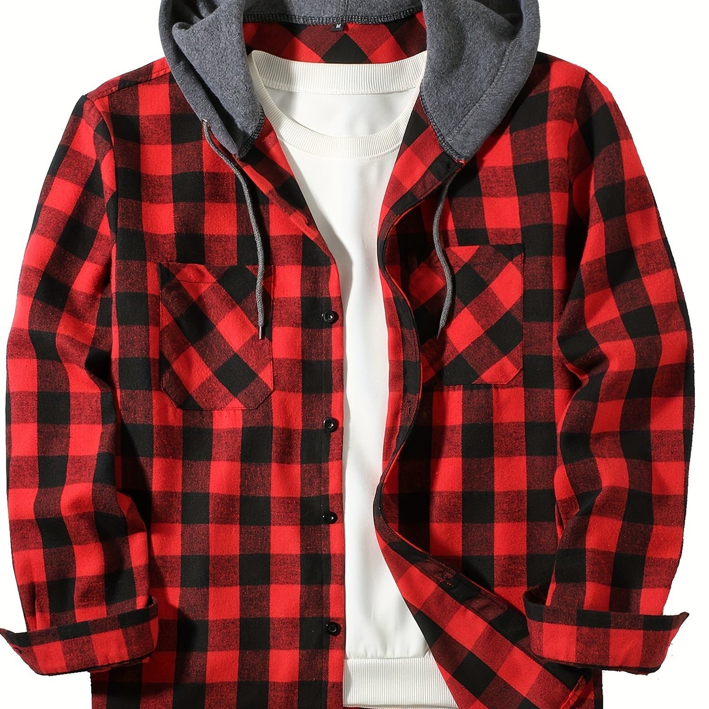 Stylish men's plaid hooded shirt with long sleeves - perfect for casual wear.