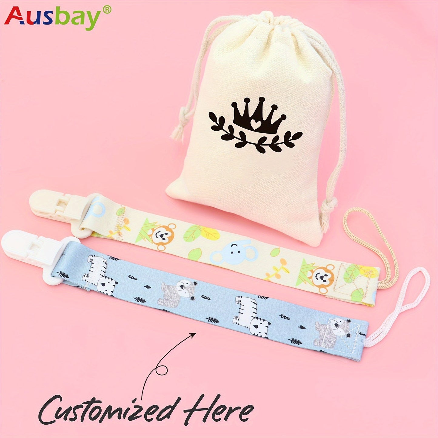 Set of 3 Personalized Soothing Item Clips with Custom Names, Chain Clips and Gift Bags for Youngsters, Handmade Shower Gift Set for Youngsters