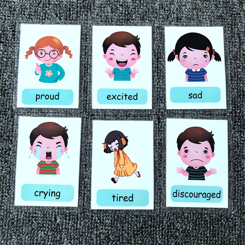 Durable Waterproof English Emotions Flash Cards for Kids - Resilient Study and Learning Cards, Sealed for Protection