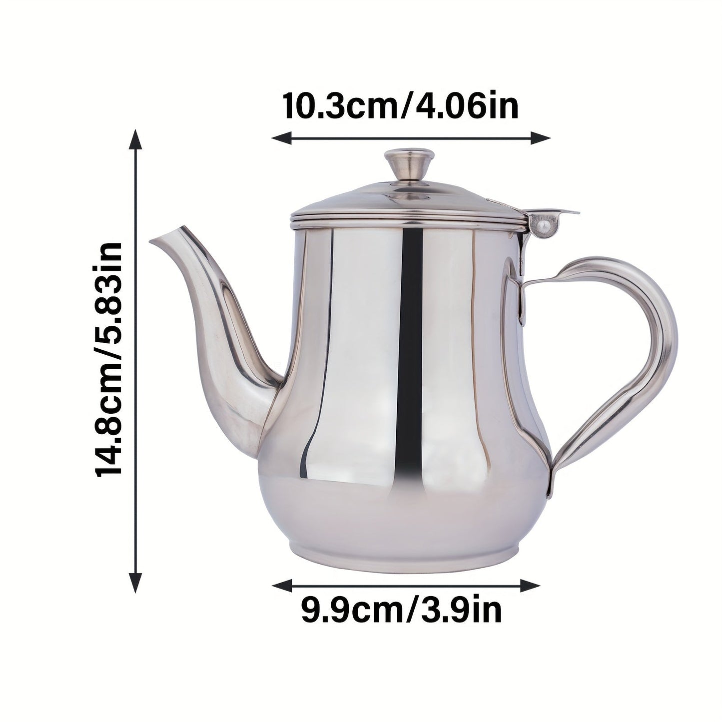 Silver Stainless Steel Gooseneck Teapot with 48oz Capacity and Integrated Filter, BPA-Free Metal Tea Kettle and Coffee Server, Multi-Purpose Oval Table Serving Pot for Home, Restaurant, Outdoor Use. Dishwasher Safe.