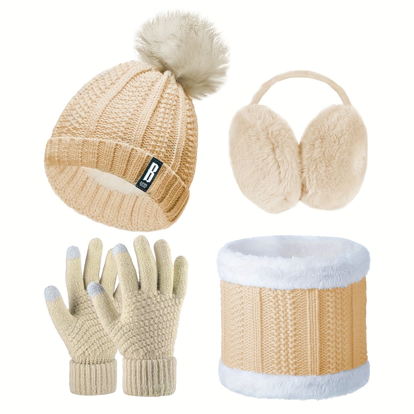 Winter Accessories Set for Women - Includes Polyester Knitted Beanie Hat with Pompom, Ear Warmers, Touch Screen Gloves, and Scarf - Perfect for Skiing and Outdoor Sports