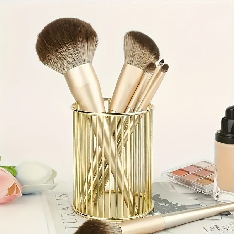 Stylish metal pen holders for makeup brushes, office supplies, and vanity storage.