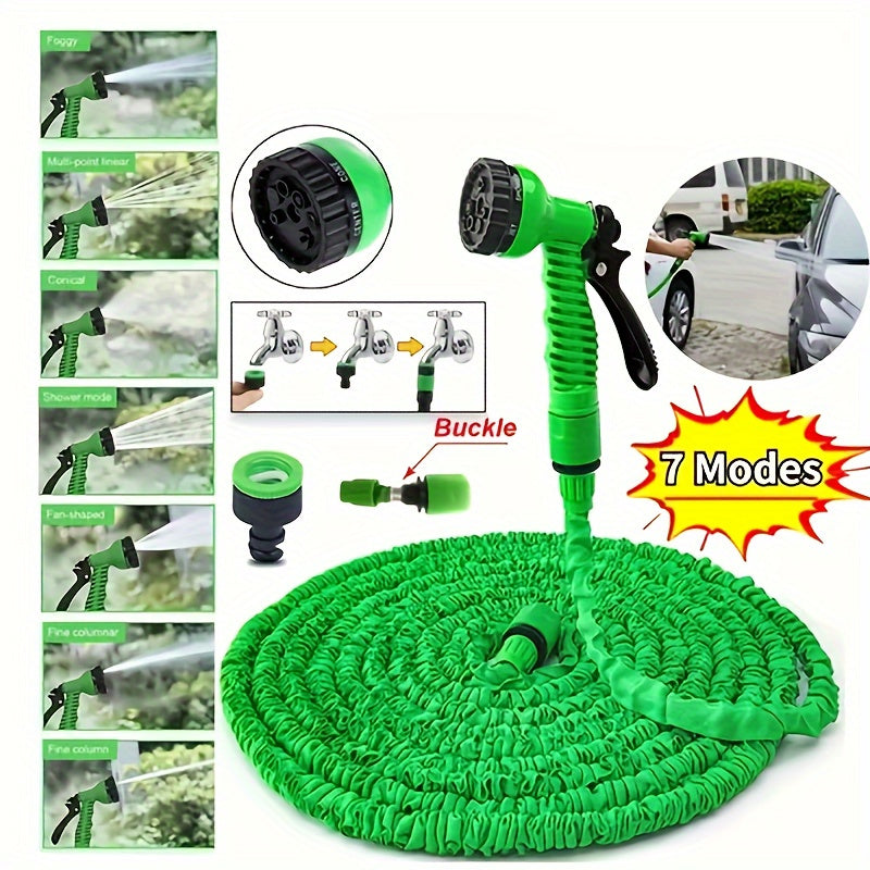 Magic Retractable Garden Hose with High Pressure and Multi-Function capabilities, includes extendable nozzle, rubber material, connectors, cleaning tool, and dust removal. Comes in