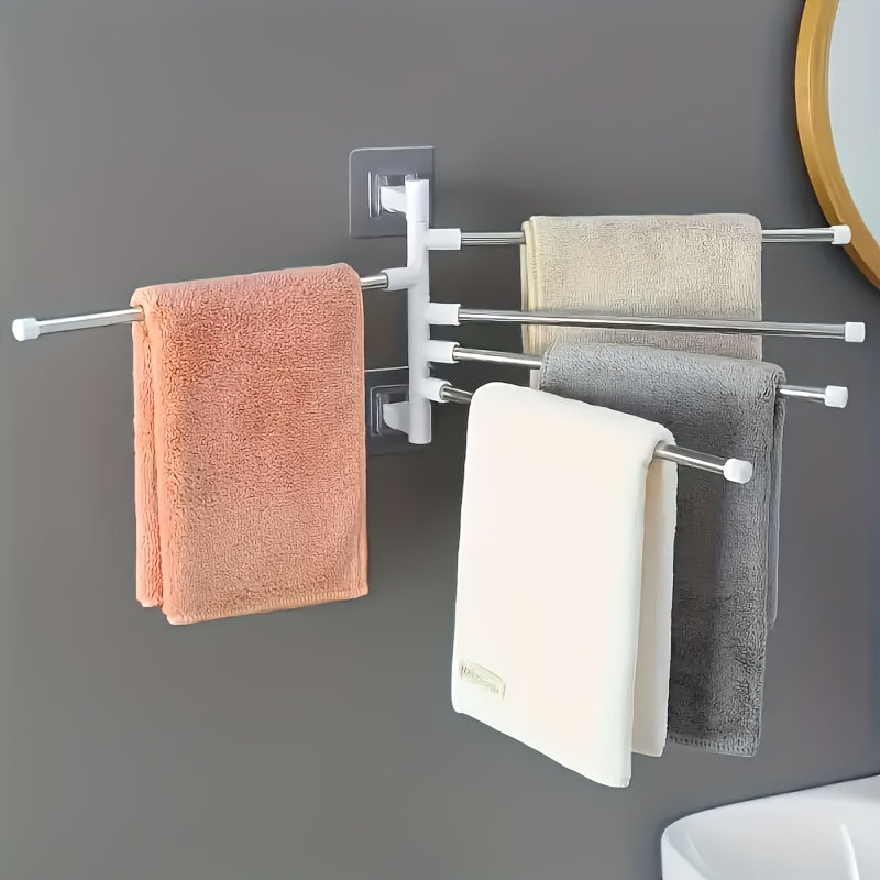 Modern wall-mounted towel rack with rotating hooks, stainless steel and plastic construction, suction cup shelf for toiletries and towels.