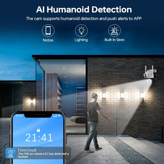 Tashqi xavfsizlik kamerasi, ikki linzali, uy monitoringi uchun ikki diapazonli Wifi, harakatni aniqlash, ikki tomonlama audio, rangli tungi ko'rish va simsiz imkoniyat - 4 megapiksel