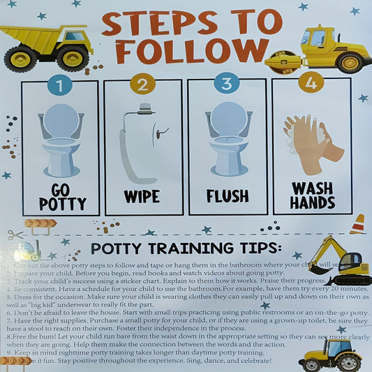 Essential Toilet Training Chart for Toddlers featuring Adorable Excavator Design and Easy-to-Use Stickers - Perfect for Establishing a Consistent Construction-themed Potty Training Routine with Clear Instructions.