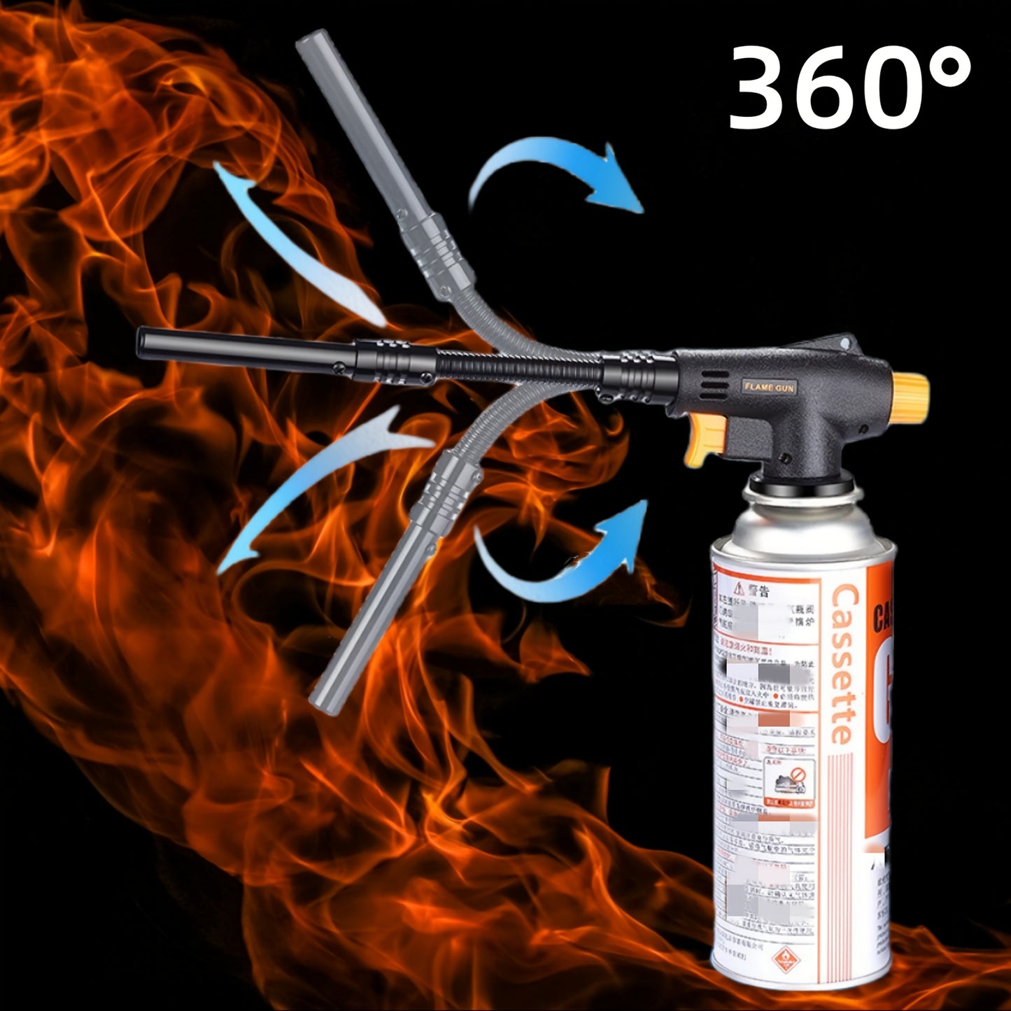 Portable 1 Butane Torch with Extended Hose for outdoor use, featuring a 360° rotatable cassette torch that reaches temperatures up to 1500℃, suitable for charcoal, cooking, barbecue, and