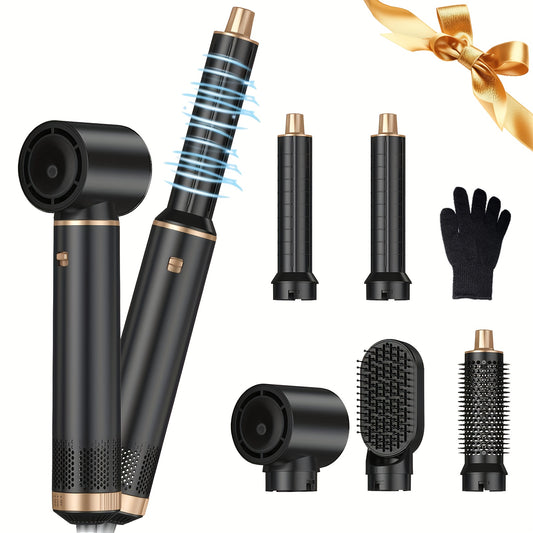 2024 updated 5-in-1 hot air brush with 800W power. Includes detachable hair dryer brush, diffuser, air curler wand, oval hair straightener brush, and hair dryer with nozzle. European