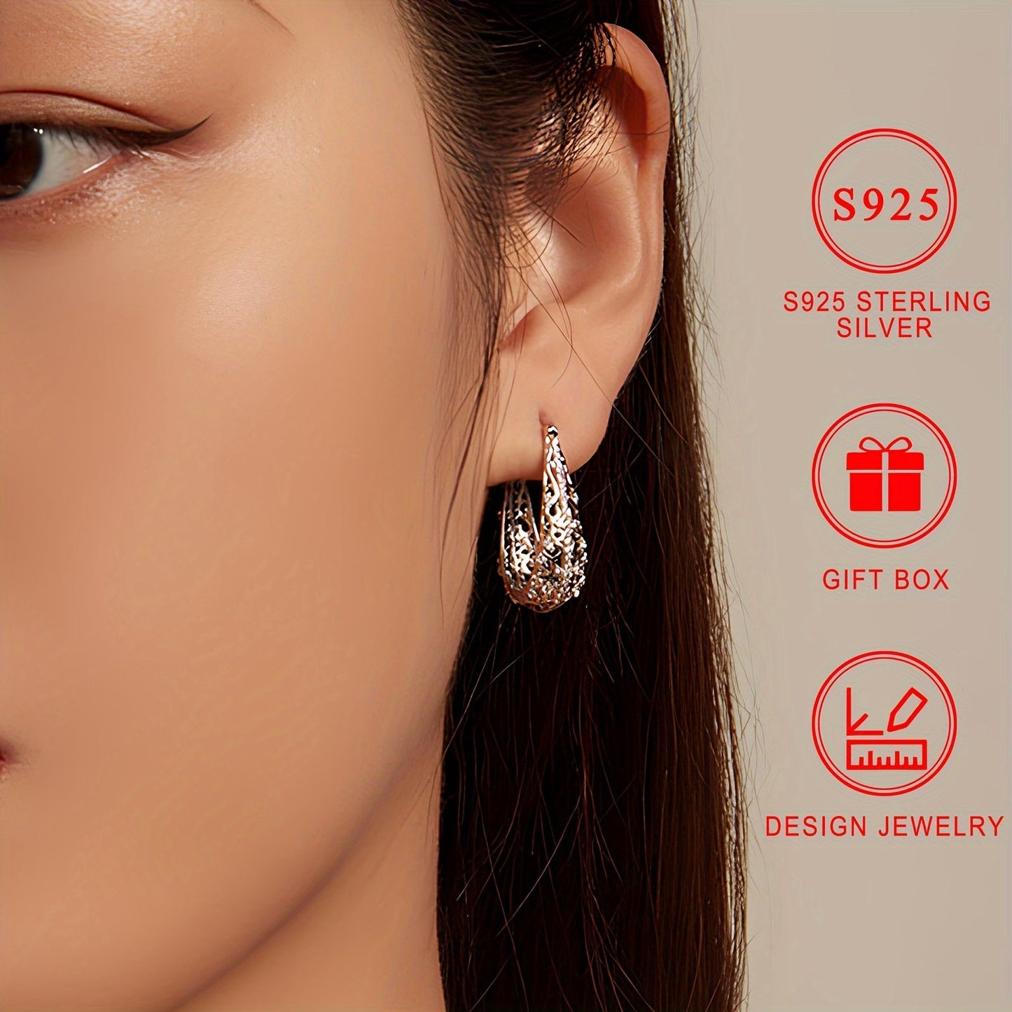 Pair of large earrings weighing approximately 3.4g with 925 pure Silver, boasting a low allergy level. These elegant earrings feature a female Zirconia flower pattern, electroplated with luxurious 18K Gold. A fashionable and exquisite piece of jewelry