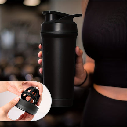 Stainless steel protein shaker bottle (27oz) with removable mixing ball. BPA-free, easy to clean, and portable for gym and sports.