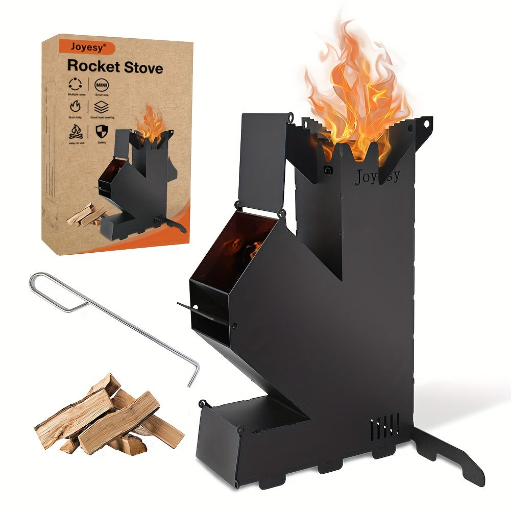 Portable rocket stove made of titanium alloy and stainless steel, perfect for camping, BBQ, picnic. Can burn multiple fuels such as charcoal and wood without the need for electricity. Durable metal construction with storage bag included.