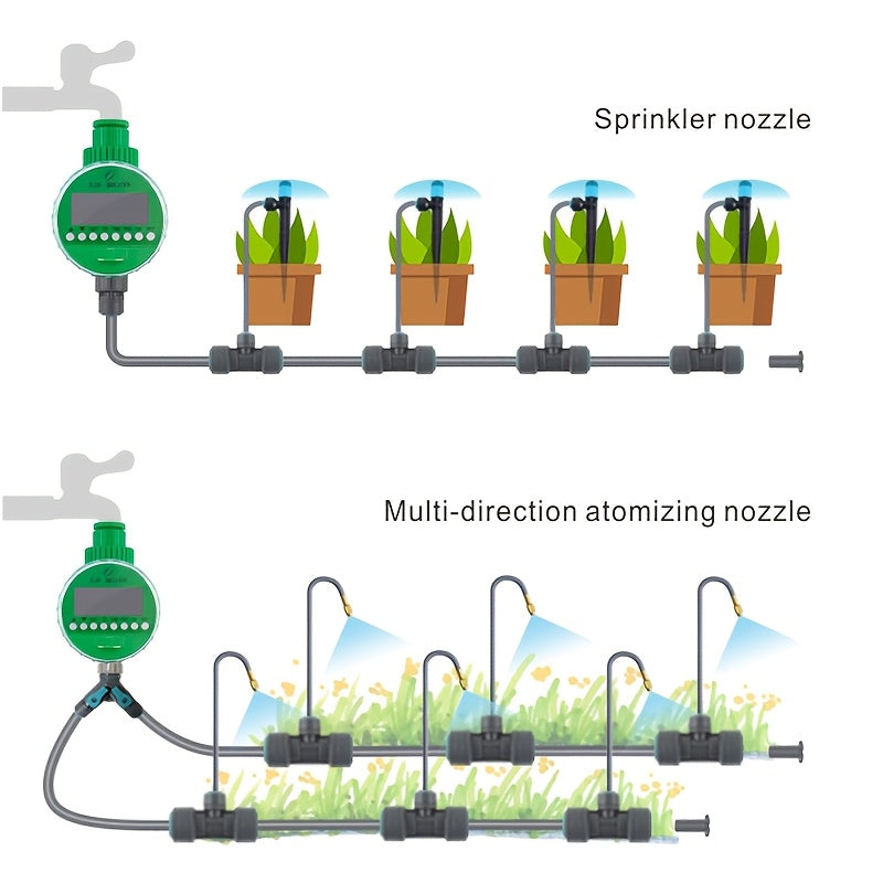 Automatic Digital Watering Timer with LCD Display - Battery operated controller for home irrigation, European standard plastic material, green generation.