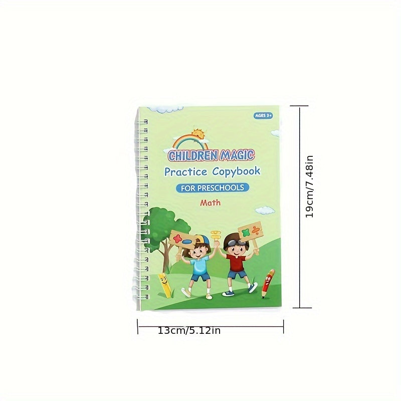 Preschool Magic Practice Books: Math and Alphabet, Ages 3-8, Includes 4 Books, Pen, Refills, Holder; Educational Writing Aid for Kids