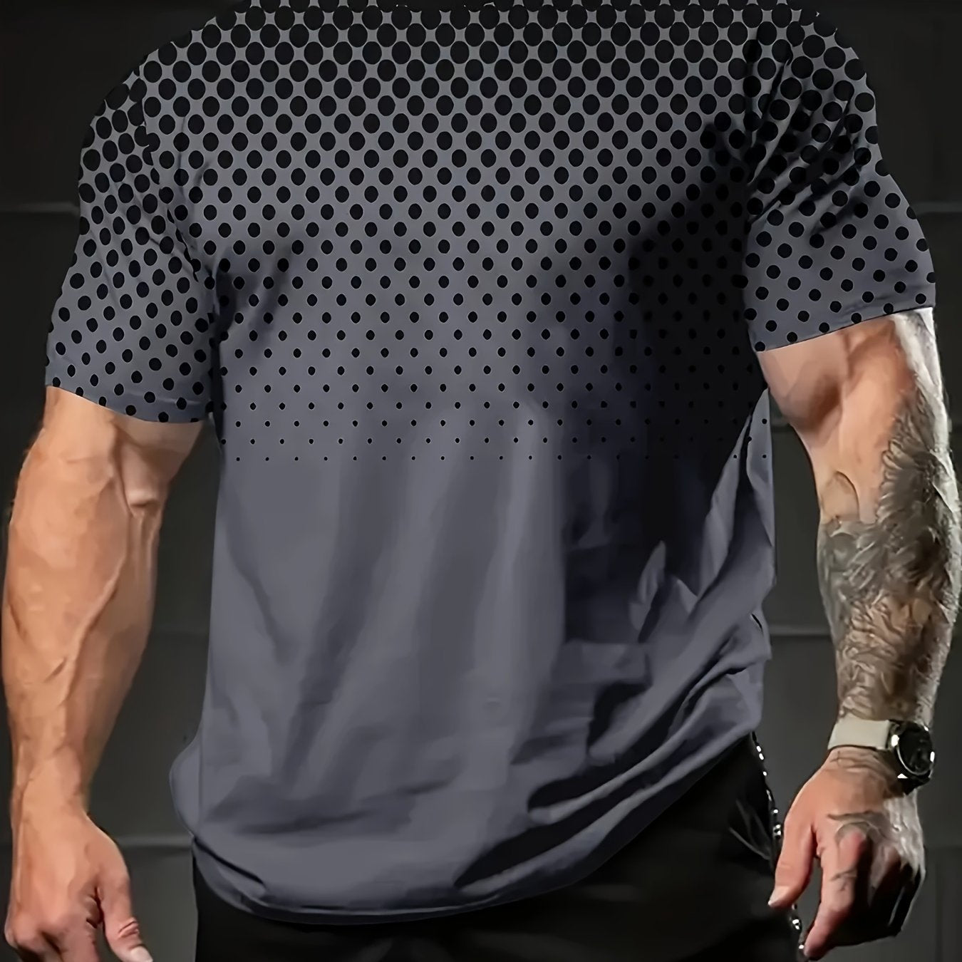 Men's plus size black dot print t-shirt made with breathable quick-dry fabric, loose fit for outdoor wear, 95% polyester and 5% spandex.