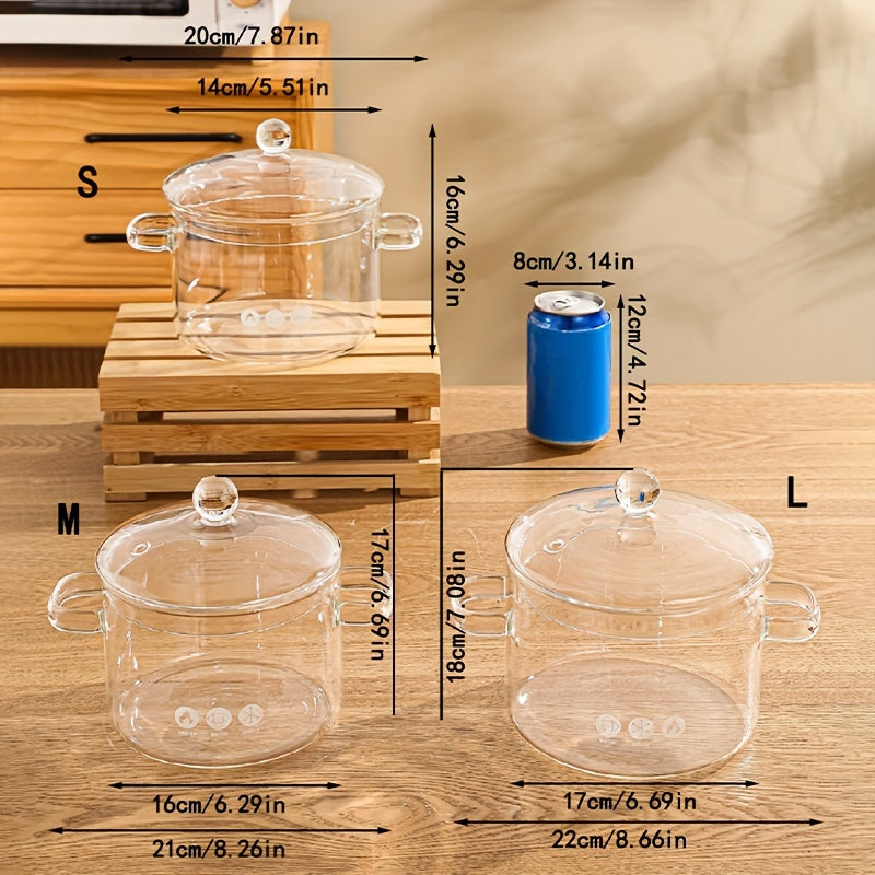 1-piece high borosilicate glass soup pot, featuring a thickened design with a lid. This small hot pot in amber color has double ears and is suitable for households. Can be used on a light fire electric pottery stove for heating and stewing.