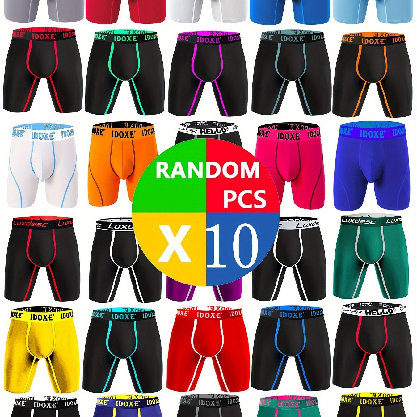 10 Pcs Men's Trendy Letter Belt & Solid Stretchy Long Boxer Briefs, Comfy & Breathable Underwear