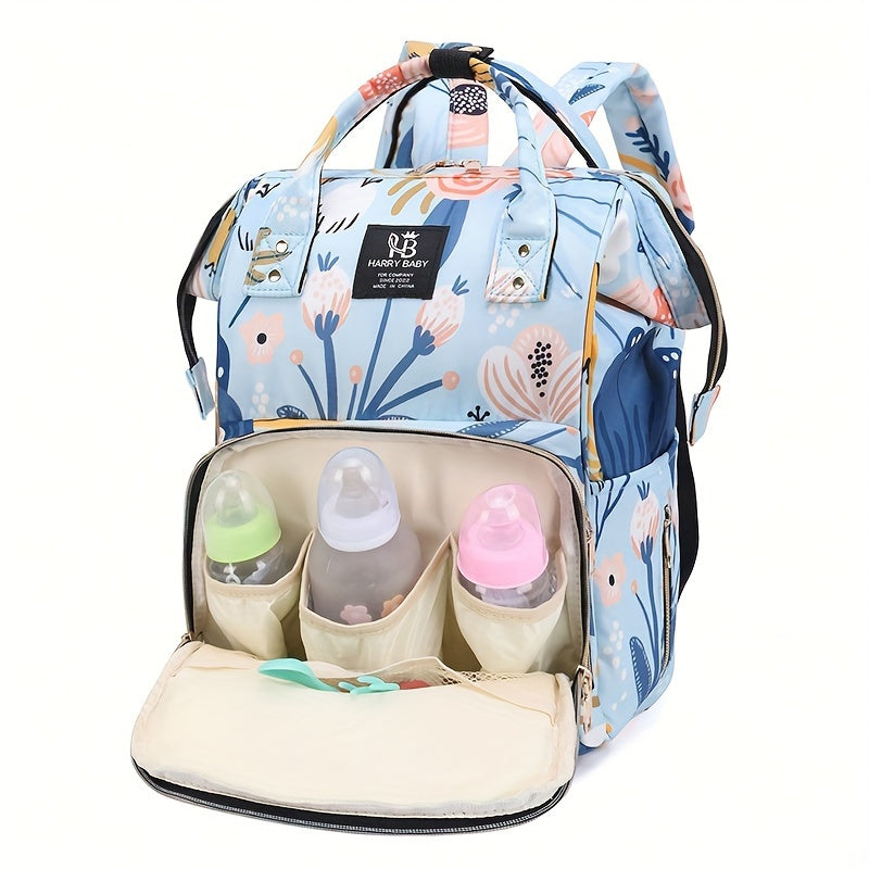 Stylish and Spacious Diaper Backpack with Floral Accents - Multi-Functional, Easy to Clean with Convenient Pockets, Perfect for Travel