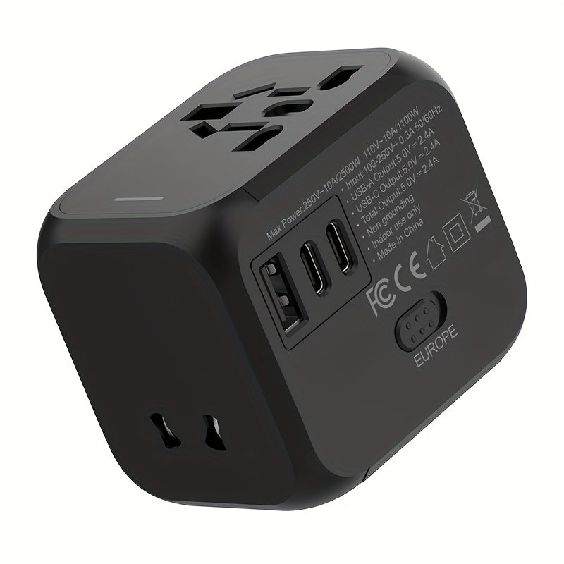 A 2500W Global Travel Charger with International Conversion Plug, perfect for business trips. Available in blue, orange, black, and white. Compatible with US, Australia, UK, and EU outlets.