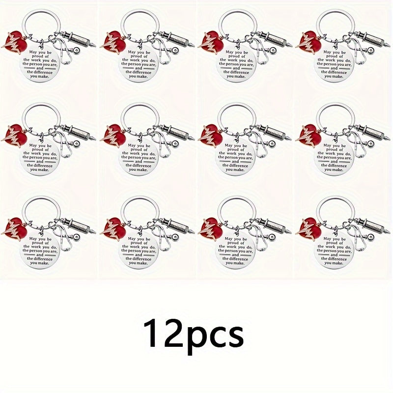 Set of 12 Nurse Appreciation Keychains made of stainless steel featuring ECG heartbeat, syringe, and stethoscope charms. These round medical themed key rings are perfect for nurses, doctors, and medical students as a Nurse's Day gift. Each keychain comes