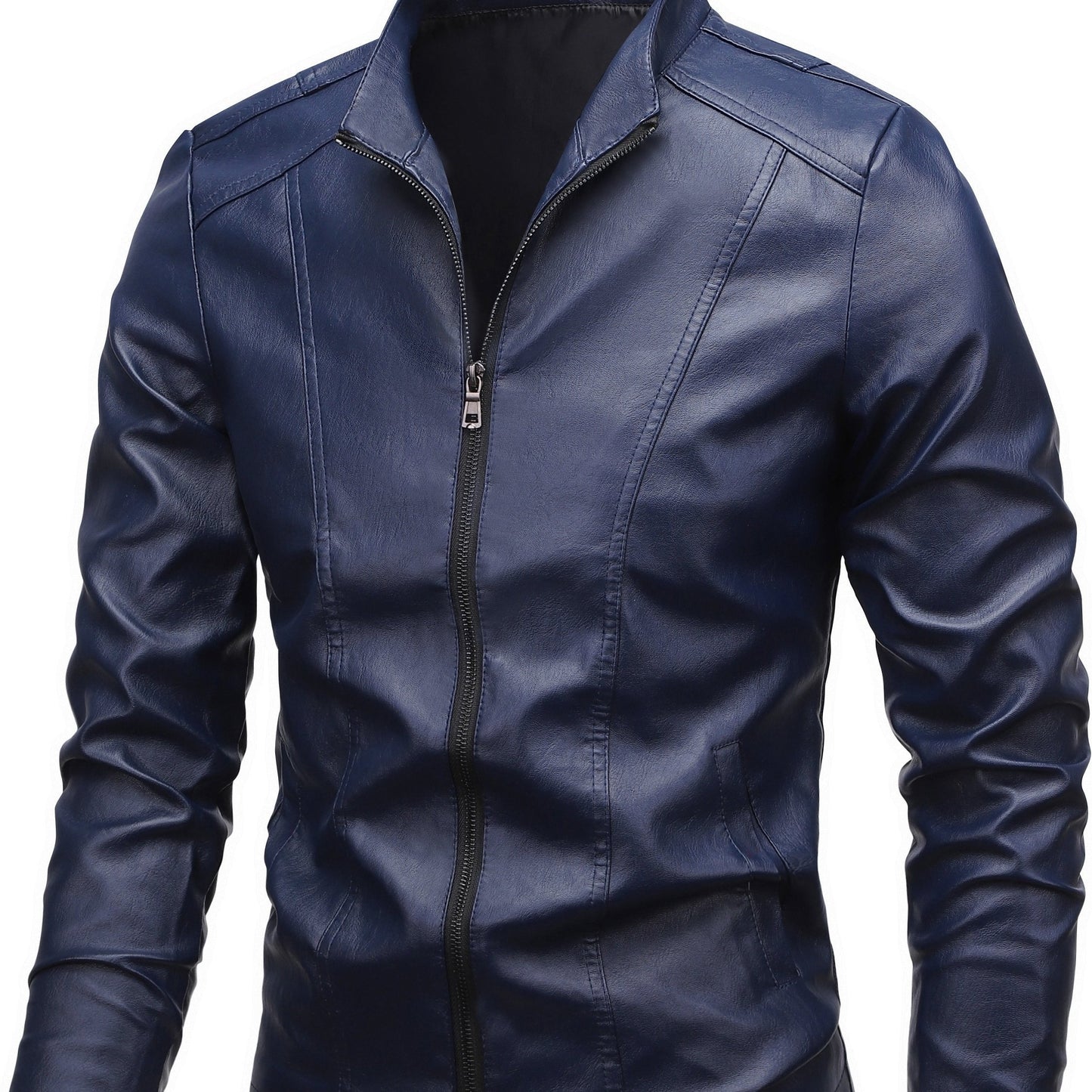 Men's casual jacket with stand collar, zip-up long sleeve, made of 100% polyurethane. Solid color and non-stretch woven fabric, regular fit with functional pockets, suitable for daily wear.