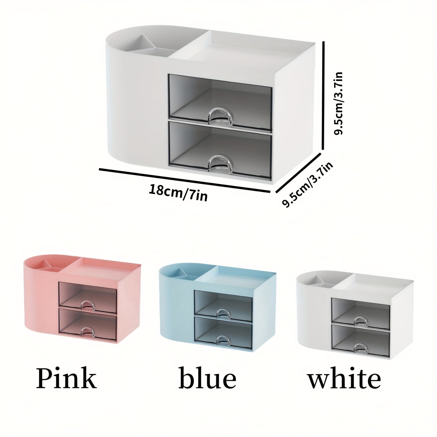 Desk organizer with dual drawers, pen holder, cosmetic and jewelry storage. White plastic design for office supplies, makeup, and gifts.