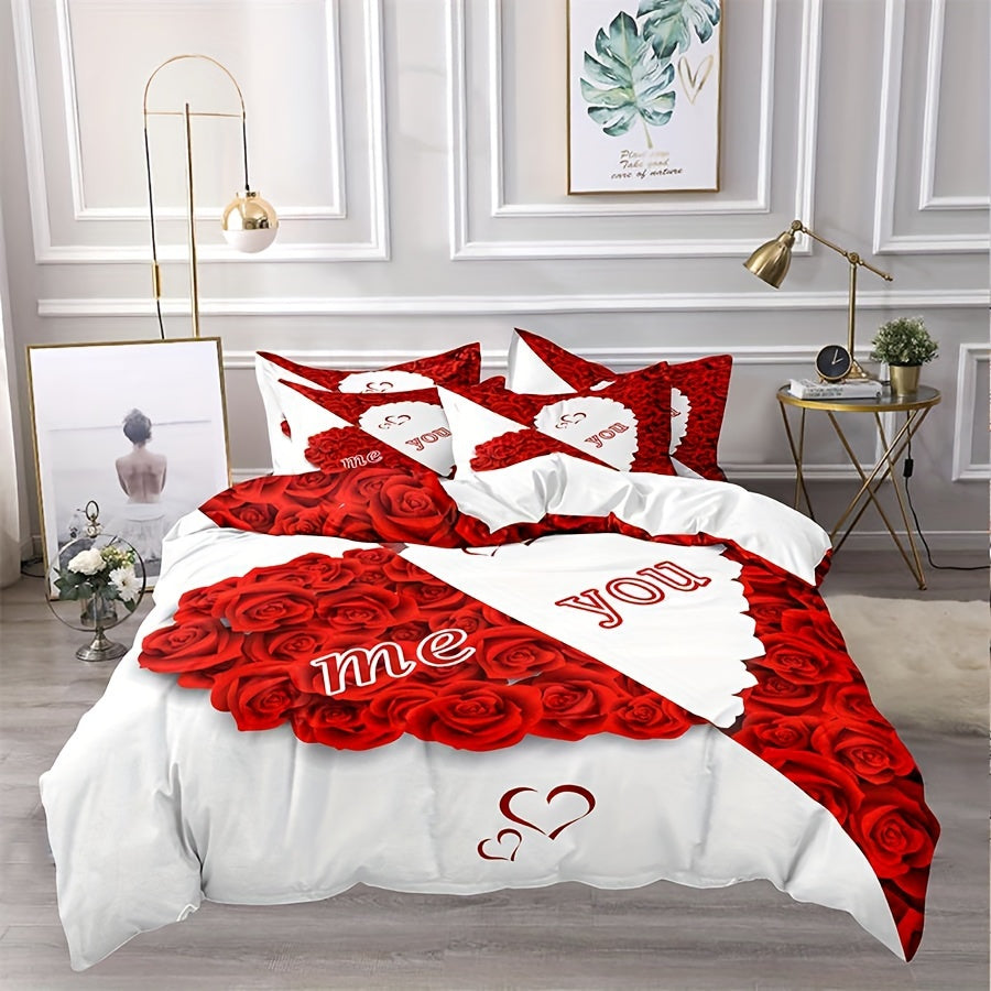 Red Rose Duvet Cover Set with 2 Pillowcases - Soft and Suitable for All Seasons