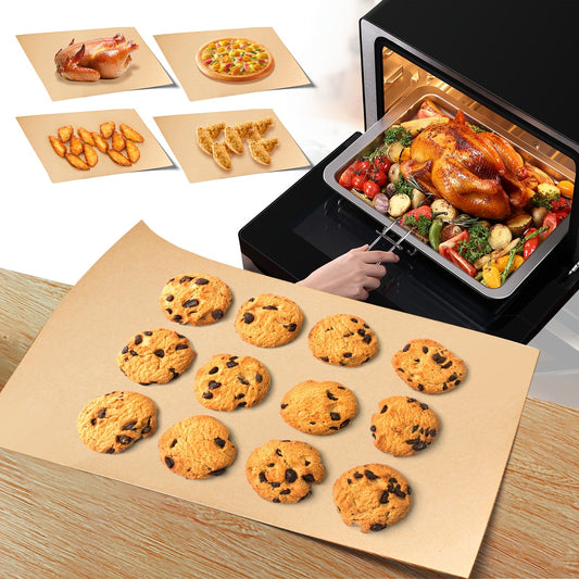 Get a 50-pack of non-stick parchment paper sheets that are lead-free and perfect for baking, cooking, grilling, frying, and steaming. These unbleached sheets are versatile enough to fit most baking trays, making them ideal for party gatherings and